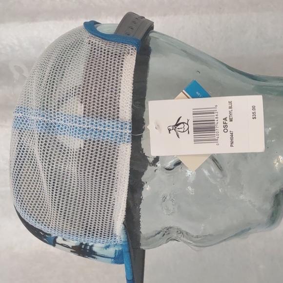 Penguin Palm trees Poolside Graphic Baseball Cap Mesh Trucker Blue Hat Pool NEW - Picture 3 of 12